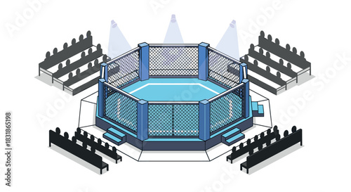 Isometric mma cage arena with seating and spotlights