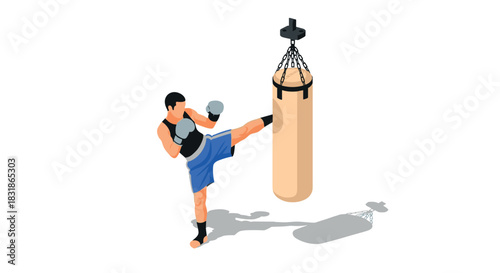 Isometric kickboxer training with punching bag in active workout scene