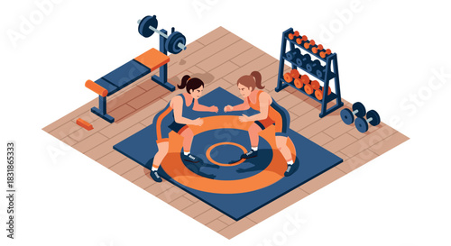 Isometric wrestling training scene with female athletes in gym setting