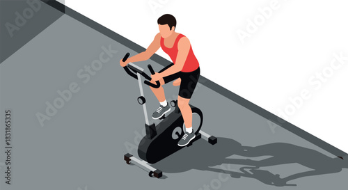 Isometric man exercising on stationary bike in modern gym setting