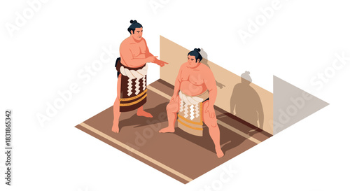 Isometric sumotori training scene with traditional attire and shadow effects