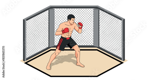 Mixed martial arts fighter in octagon ring illustration