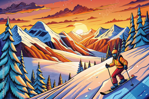 Skiing at sunset on a mountain rolling over snowy landscapes, the dramatic golden light of winter peaks illuminates the outdoor adventure sports scene that captures the beauty of the Alps.