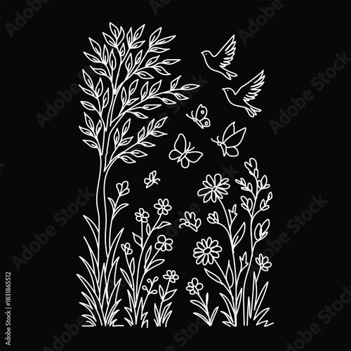 Black and white vector seamless floral pattern with vintage leaf silhouettes for wallpaper and decoration design
