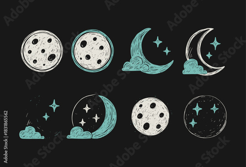 Hand drawn sketch of a minimalist set of celestial symbols showing different moon phases, starry night sky, and stylized clouds icon logo flat vector design