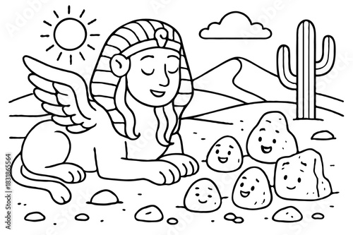 Egyptian Sphinx with Pyramids Desert Scene Coloring Page for Kids History Educational Activity Printable Black White Line Art