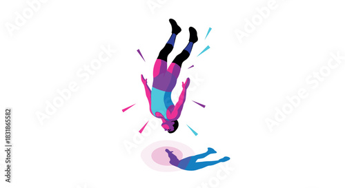 Vibrant neon silhouette of person falling with reflection in abstract style