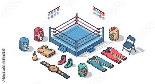 Isometric boxing ring and equipment set with masks and championship belt