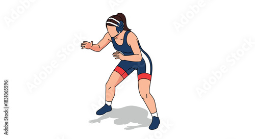 Female wrestler in ready position: athletic woman with headgear and sportswear