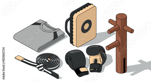 Isometric martial arts training equipment set with punching gloves and wooden dummy