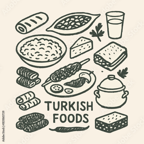 Hand-Drawn turkish food sketch icon logo flat vector design