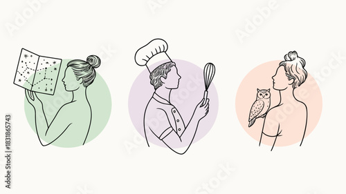 Three stylized female figures in profile each representing a different interest or profession set against pastel backgrounds