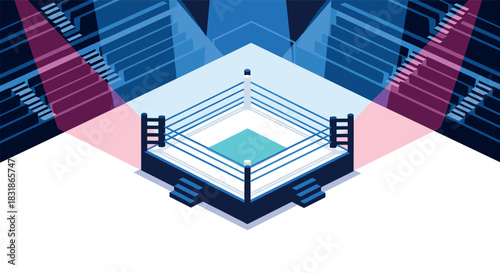 Isometric boxing ring in spotlighted arena with colorful lighting and empty stands