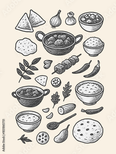 Hand-Drawn sketch of different desi food items icon logo flat vector design