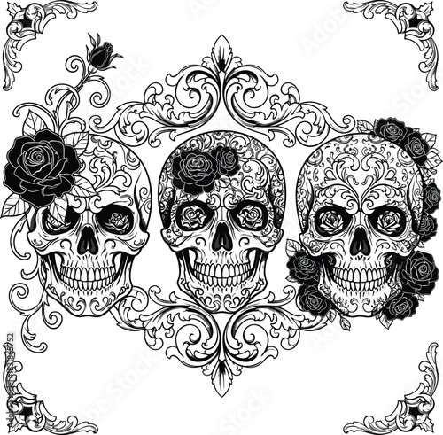 Three ornate decorative sugar skulls with black roses and intricate baroque filigree frame, detailed vintage gothic style vector illustration for tattoo, print, or Day of the Dead design.