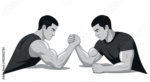 Monochrome arm wrestling competition: two strong men battling in dramatic arm wrestling scene