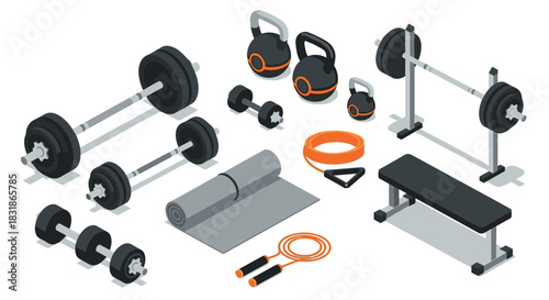Modern isometric gym equipment collection for fitness enthusiasts