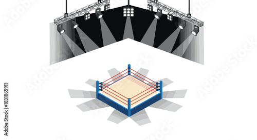 Isometric boxing ring with spotlights in modern arena setting