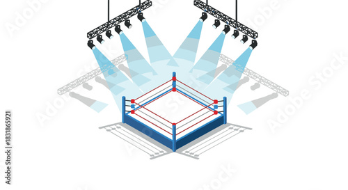 Isometric boxing ring with spotlights on white background