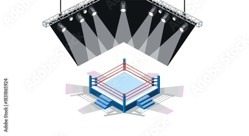 Isometric boxing ring with spotlights under stage lights for event design
