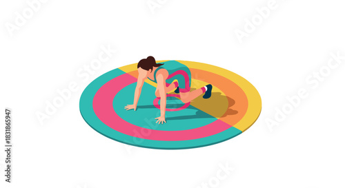 Female athlete in colorful sportswear preparing for running on circular track