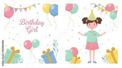 Joyful childhood celebration with a happy young girl surrounded by festive party decorations and colorful gifts