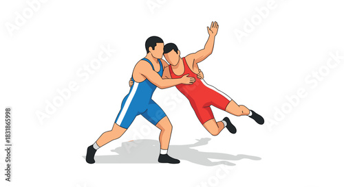 Dynamic wrestling action: two athletes grappling in mid-match pose