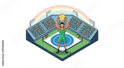 Wrestler celebrating victory in colorful wrestling arena with trophy