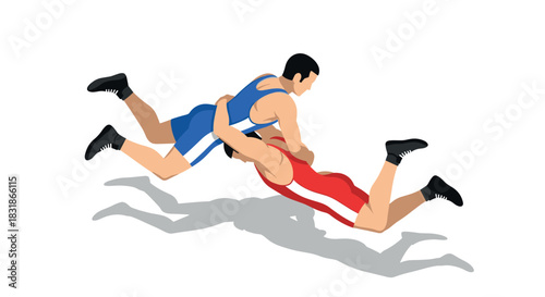 Dynamic wrestling match with athletes in action pose on white background