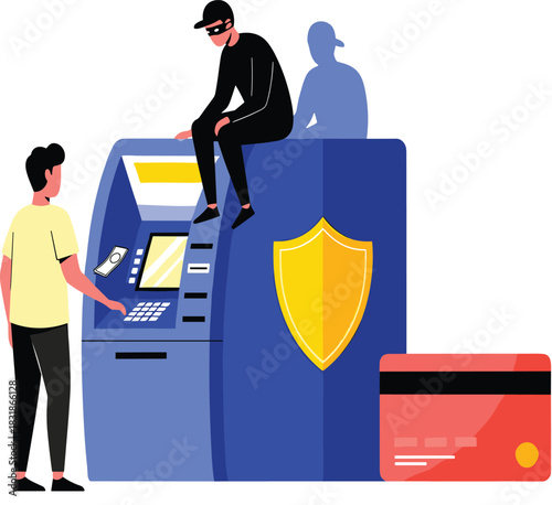 Vector illustration of a masked criminal attempting ATM skimming fraud or theft while a customer is using the machine, symbolizing financial security risk, cybercrime, and card protection concept.