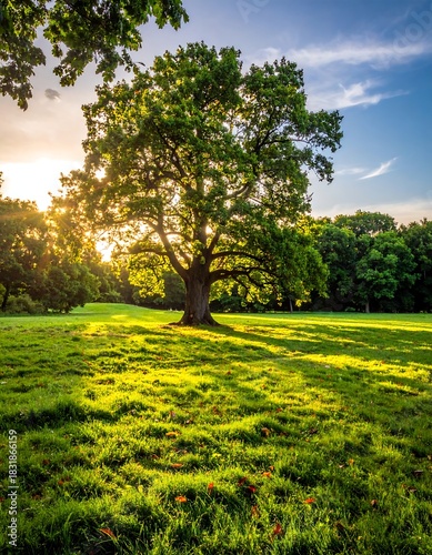 Fototapeta Naklejka Na Ścianę i Meble -  Verdant meadow lit by warm sunset with a grand tree