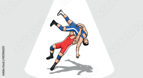 Dynamic wrestling match under spotlight with athletes in action