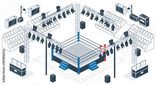 Isometric boxing ring scene with lighting and sound equipment