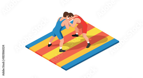 Isometric wrestling match on colorful mat featuring two competitors