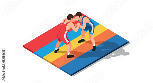 Isometric wrestling match on colorful mat: dynamic sports action