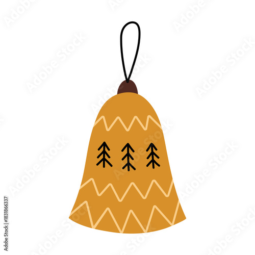 Cute decorative Christmas bell ornament in warm yellow tones with simple tree and zigzag patterns. Festive bauble isolated on a white background. Perfect for holiday and season designs, cards.
