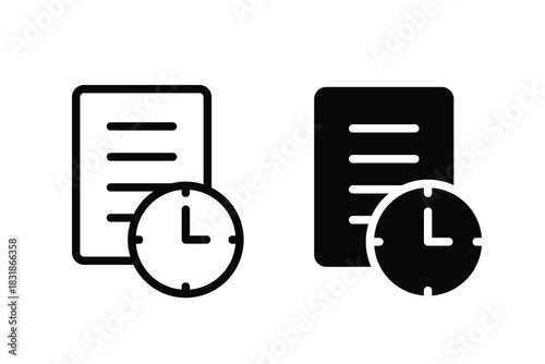 Document and clock symbolizing time tracked file management. Transaction history icon set. Financial record illustrations for banking and business