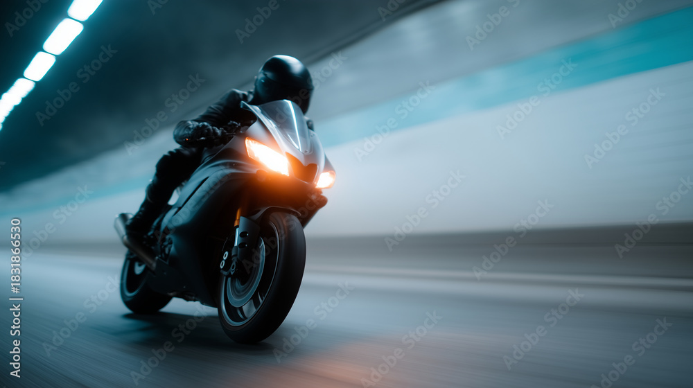 Fototapeta premium A dynamic high-speed action shot of a sport motorcycle racing through a futuristic tunnel. A rider in full protective gear and a dark reflective helmet leans forward aggressively,