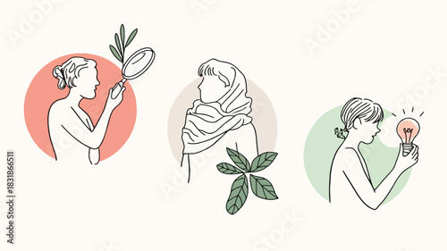 Three minimalist line art figures representing discovery inspiration and contemplation with botanical elements and soft pastel circles