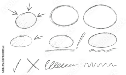 Hand drawn Highlight oval frames, marker arrows, hand drawn underline lines. Hand drawn scribble doodle circle set. Ovals and ellipses line design vector