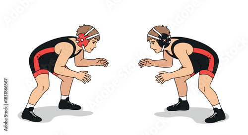 Wrestling match faceoff with two athletes in stance ready for competition