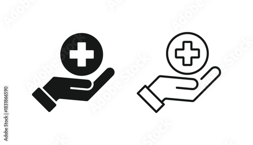 Healthcare support icon. Hands holding a heart with medical cross icon. Health insurance icon. Patient care charity and life protection vector icon