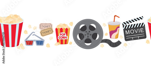 Horizontal pattern with cinema elements. Seamless border with film reel, popcorn, soda, 3D glasses, movie tickets and clapperboard