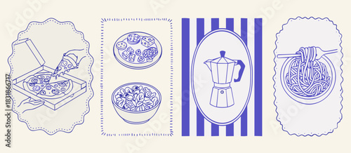 Italian Food Illustration Set – Pizza, Pasta and Coffee Maker Vector Art