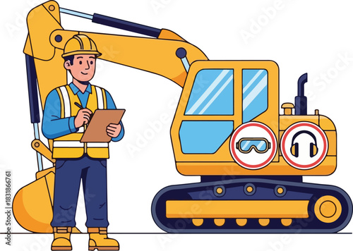 Construction worker receiving safety instructions on personal protective equipment near excavator