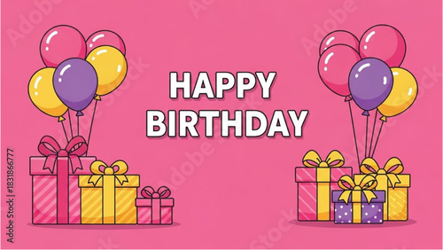 Festive Happy Birthday Card With Balloons and Gift Boxes On Pink Background