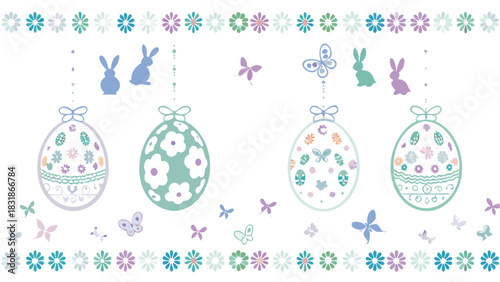 Whimsical easter illustration featuring pastel colored decorative eggs with floral and butterfly motifs hanging bunnies and flower borders on a white background