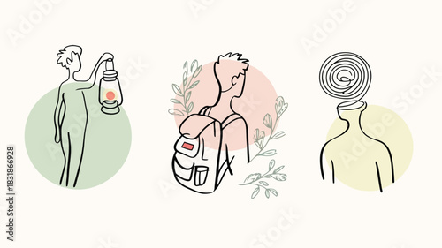 Minimalist line art illustrations of a person holding a lantern a backpacker and a swirling mind concept