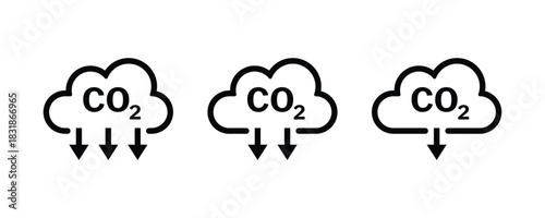 CO2 emissions icon vector. Cloud co2 reduction icon. Reduce co2 gas icon set. Carbon reduction cloud sign.
