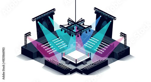 Isometric boxing ring with colorful stage lights in a modern arena setting